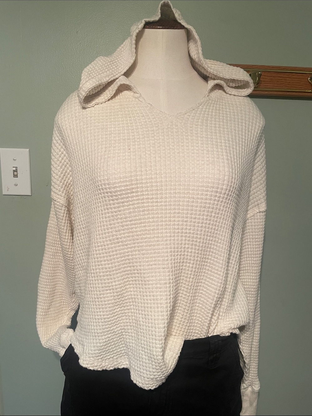 aerie Cream Waffle-Knit Hooded V-Neck Sweater